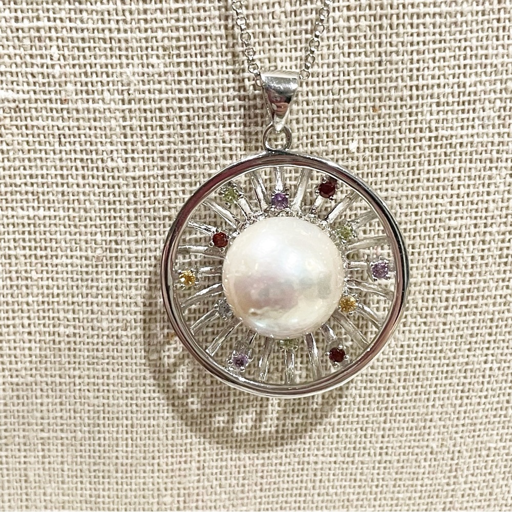 JTV Sterling Silver Sunburst Pearl Pendant Necklace With Multicolor Gem Accents